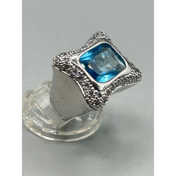 Blue Aquamarine Glass Ring Size 7 Silver Tone Free Form Modernist Ring - Picture 5 of 12